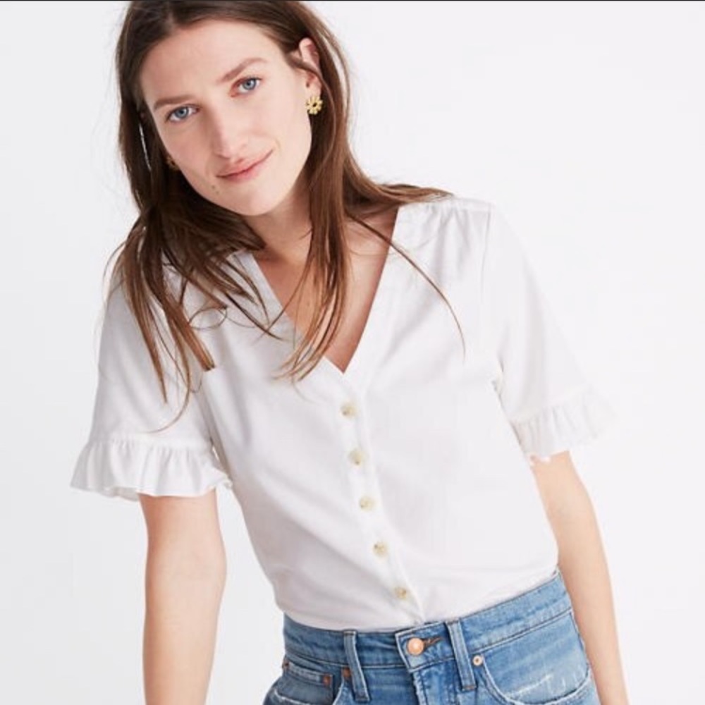 SOLD Madewell White Ruffle Sleeve Button Down Blo